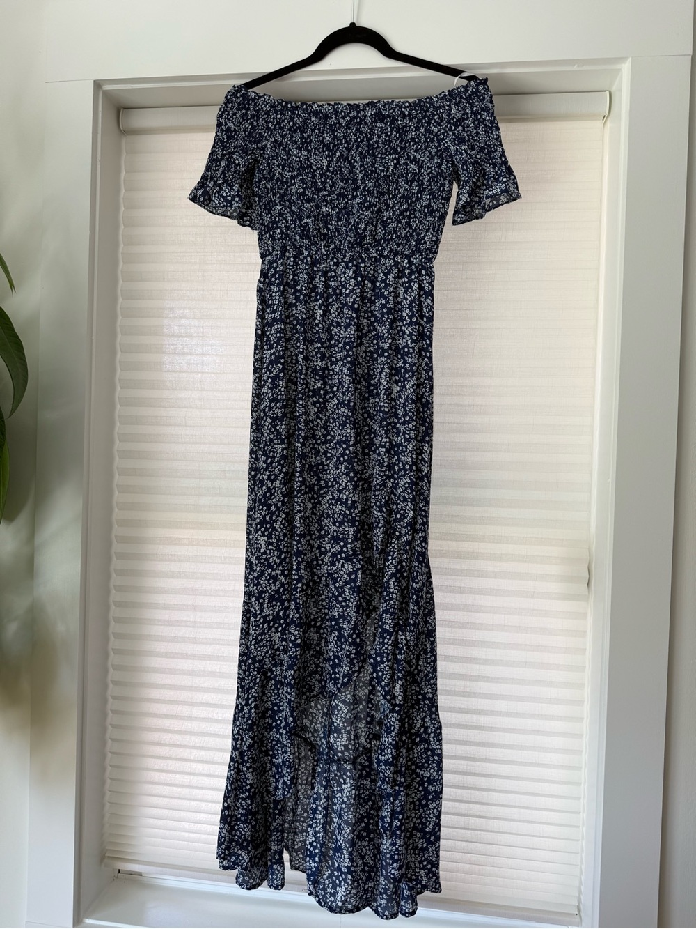Off-Shoulder Navy Blue Floral High-Low Dress